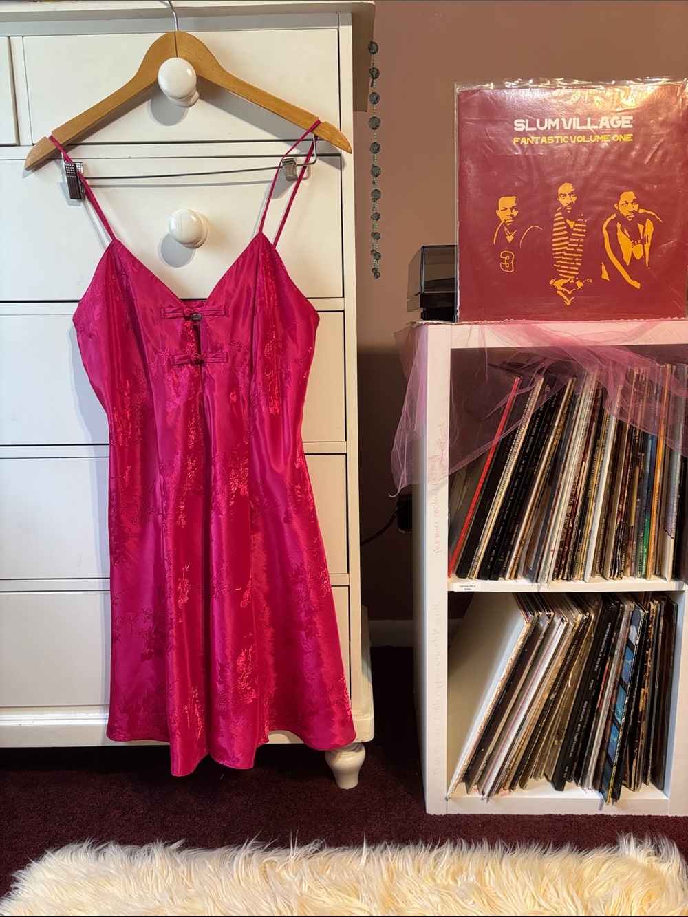 Vintage 90’s Brocade Satin Pink Mini Slip Dress Floral Flare Y2K Naked Baddie S
